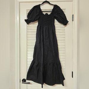 L.N.V - 100% Cotton Black A-Line Smocked Dress With Side Leg Slit